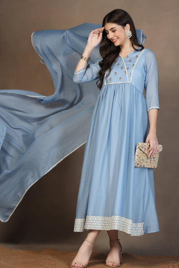 Womens Light Blue Kota Doriya Embroidered Maxi Length Dress With Dupatta Set