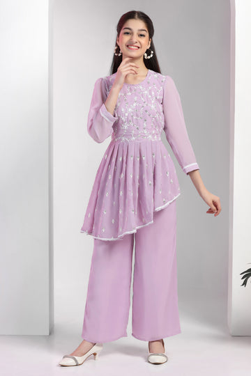 Girls Lavender Georgette Embroidered Fit & Flare Kurta and Palazzo Set