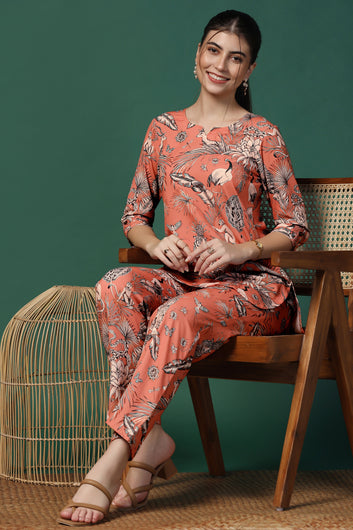 Womens Peach Cotton Blend Animal Printed Co-ords Top With Trouser Set