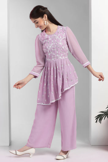 Girls Lavender Georgette Embroidered Fit & Flare Kurta and Palazzo Set