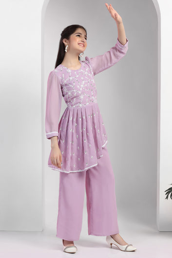 Girls Lavender Georgette Embroidered Fit & Flare Kurta and Palazzo Set