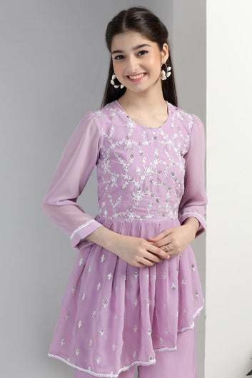 Girls Lavender Georgette Embroidered Fit & Flare Kurta and Palazzo Set