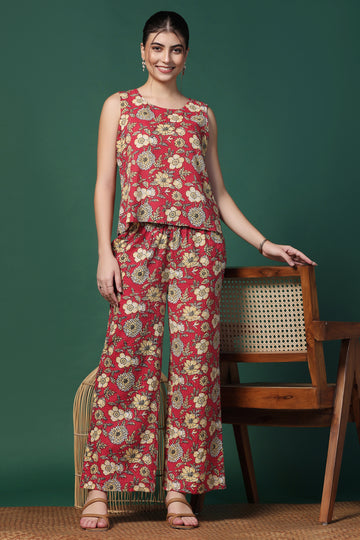 Womens Red Cotton Printed Top Pant Set