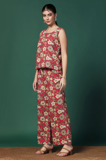 Womens Red Cotton Blend Floral Printed Short Kurta With Pant Set