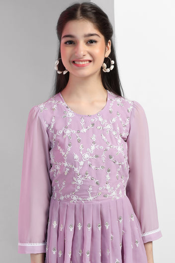 Girls Lavender Georgette Embroidered Fit & Flare Kurta and Palazzo Set