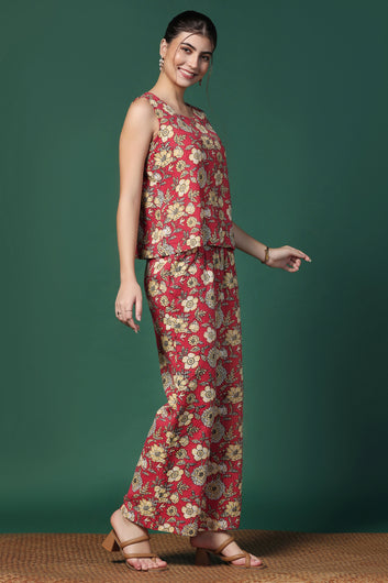 Womens Red Cotton Blend Floral Printed Short Kurta With Pant Set