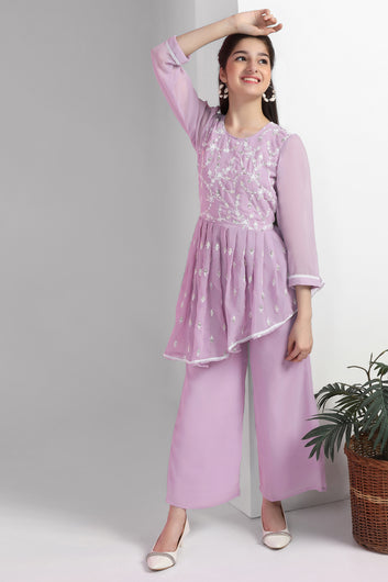 Girls Lavender Georgette Embroidered Fit & Flare Kurta and Palazzo Set