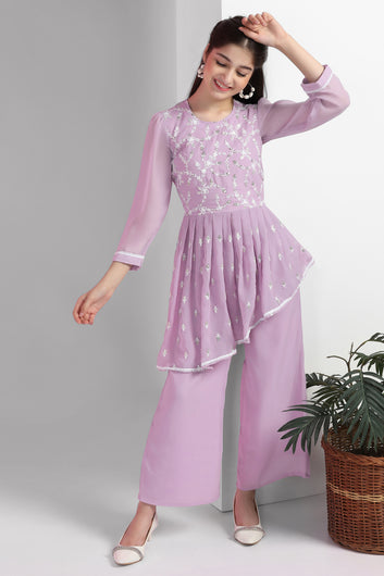 Girls Lavender Georgette Embroidered Fit & Flare Kurta and Palazzo Set