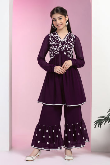 Girls Purple Blooming Georgette Empire Waist Embroidered Kurta With Sharara Set