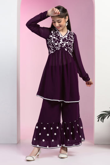 Girls Purple Blooming Georgette Empire Waist Embroidered Kurta With Sharara Set