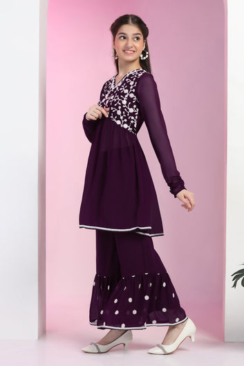 Girls Purple Blooming Georgette Empire Waist Embroidered Kurta With Sharara Set