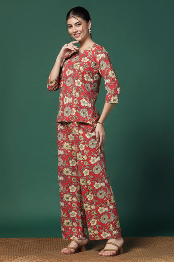 Womens Red Cotton Blend Printed Kurta With Pant Set