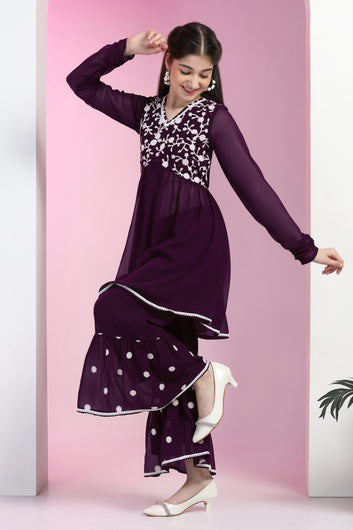 Girls Purple Blooming Georgette Empire Waist Embroidered Kurta With Sharara Set