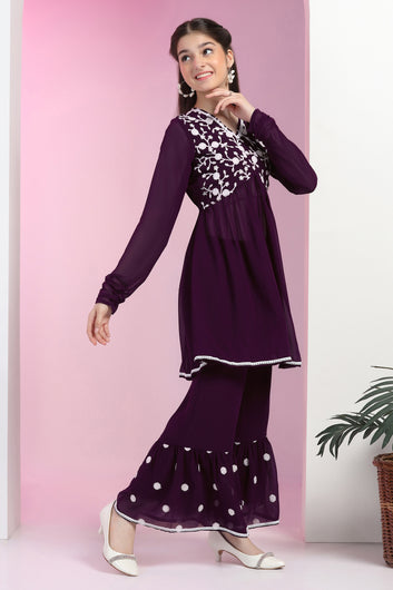 Girls Purple Blooming Georgette Empire Waist Embroidered Kurta With Sharara Set