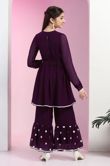 Girls Purple Blooming Georgette Empire Waist Embroidered Kurta With Sharara Set