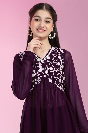 Girls Purple Blooming Georgette Empire Waist Embroidered Kurta With Sharara Set