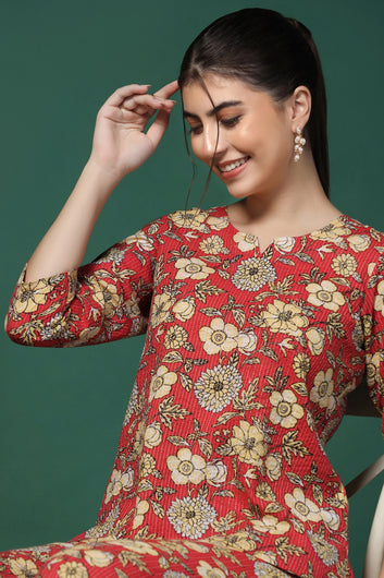 Womens Red Cotton Blend Printed Kurta With Pant Set