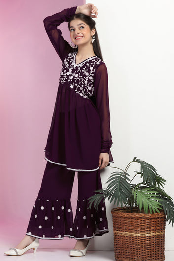 Girls Purple Blooming Georgette Empire Waist Embroidered Kurta With Sharara Set