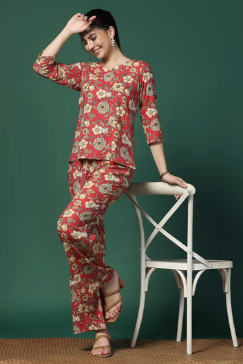 Womens Red Cotton Blend Printed Kurta With Pant Set