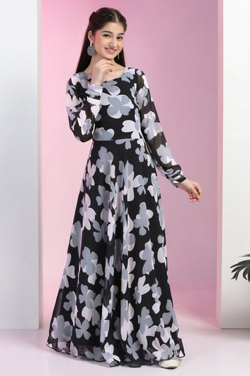 Girls Black Georgette Floral Printed Fit & Flare Maxi Length Dress