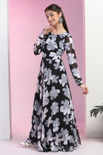 Girls Black Georgette Floral Printed Fit & Flare Maxi Length Dress