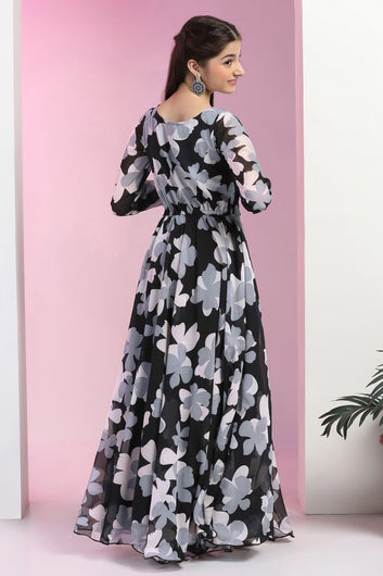 Girls Black Georgette Floral Printed Fit & Flare Maxi Length Dress