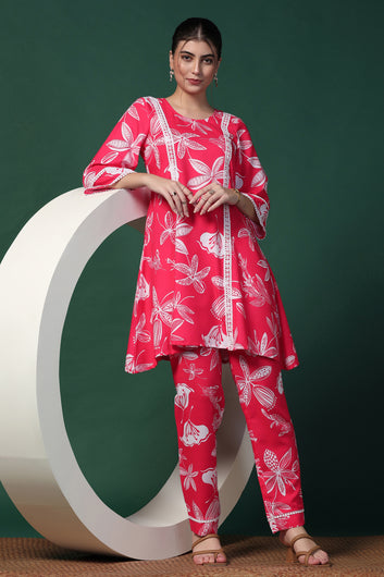 Womens Pink Cotton Blend Floral Printed Knee Length Kurta With Trouser Set