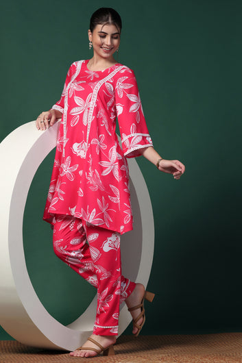 Womens Pink Cotton Blend Floral Printed Knee Length Kurta With Trouser Set