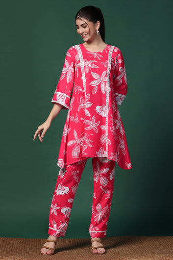 Womens Pink Cotton Blend Floral Printed Knee Length Kurta With Trouser Set