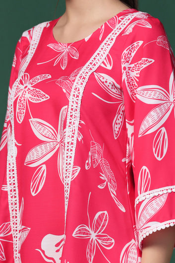 Womens Pink Cotton Blend Floral Printed Knee Length Kurta With Trouser Set