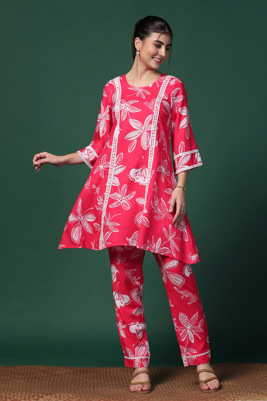 Womens Pink Cotton Blend Floral Printed Knee Length Kurta With Trouser Set