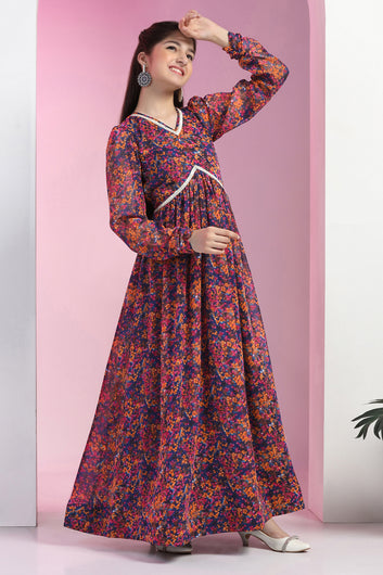 Girls Multicolor Georgette Floral Printed Empire Waist Maxi Length Dress