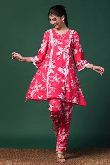 Womens Pink Cotton Blend Floral Printed Knee Length Kurta With Trouser Set