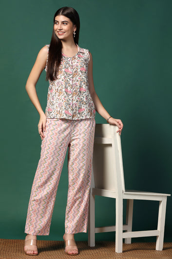 Womens White Cotton Blend Floral Printed Kurta With Pant Set