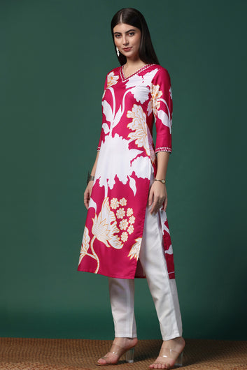 Womens Pink Cotton Blend Floral Printed Calf Length Kurta With Trouser Set