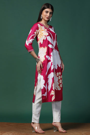 Womens Pink Cotton Blend Floral Printed Calf Length Kurta With Trouser Set