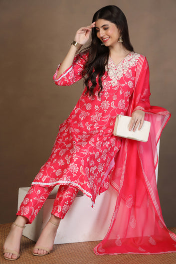 Womens Pink Cotton Blend Floral Printed Calf Length Kurta And Trouser With Dupatta Set