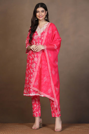 Womens Pink Cotton Blend Floral Printed Calf Length Kurta And Trouser With Dupatta Set