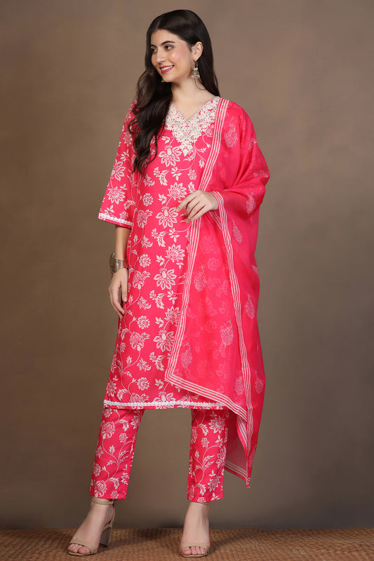 Womens Pink Cotton Blend Floral Printed Calf Length Kurta And Trouser With Dupatta Set