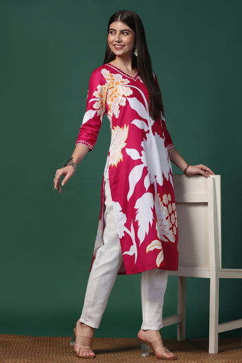 Womens Pink Cotton Blend Floral Printed Calf Length Kurta With Trouser Set