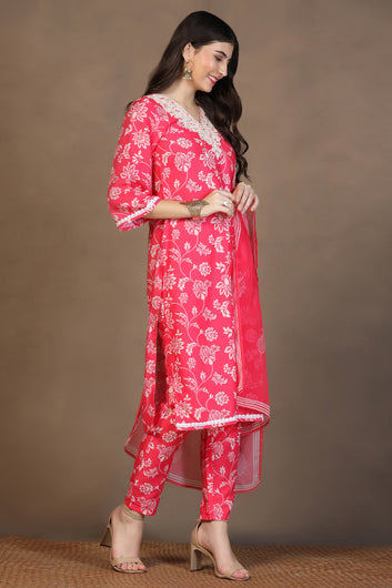 Womens Pink Cotton Blend Floral Printed Calf Length Kurta And Trouser With Dupatta Set