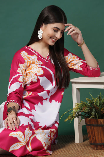 Womens Pink Cotton Blend Floral Printed Calf Length Kurta With Trouser Set