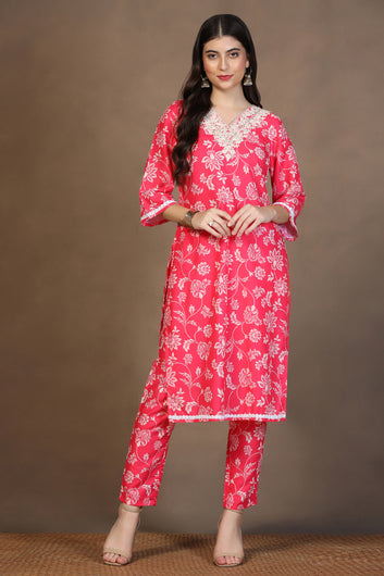 Womens Pink Cotton Blend Floral Printed Calf Length Kurta And Trouser With Dupatta Set