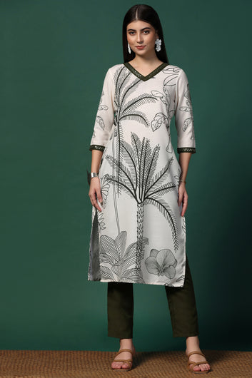 Womens Off White Cotton Blend Printed Calf Length Kurta With Trouser Set