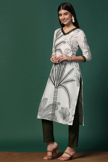 Womens Off White Cotton Blend Printed Calf Length Kurta With Trouser Set