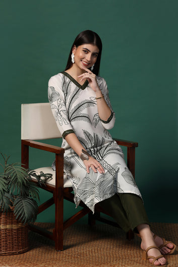 Womens Off White Cotton Blend Printed Calf Length Kurta With Trouser Set