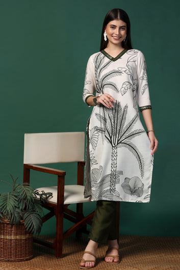 Womens Off White Cotton Blend Printed Calf Length Kurta With Trouser Set