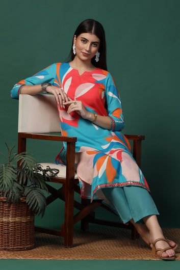 Womens Multicolor Cotton Blend Printed Calf Length Kurta With Trouser Set