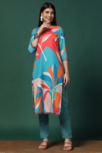 Womens Multicolor Cotton Blend Printed Calf Length Kurta With Trouser Set