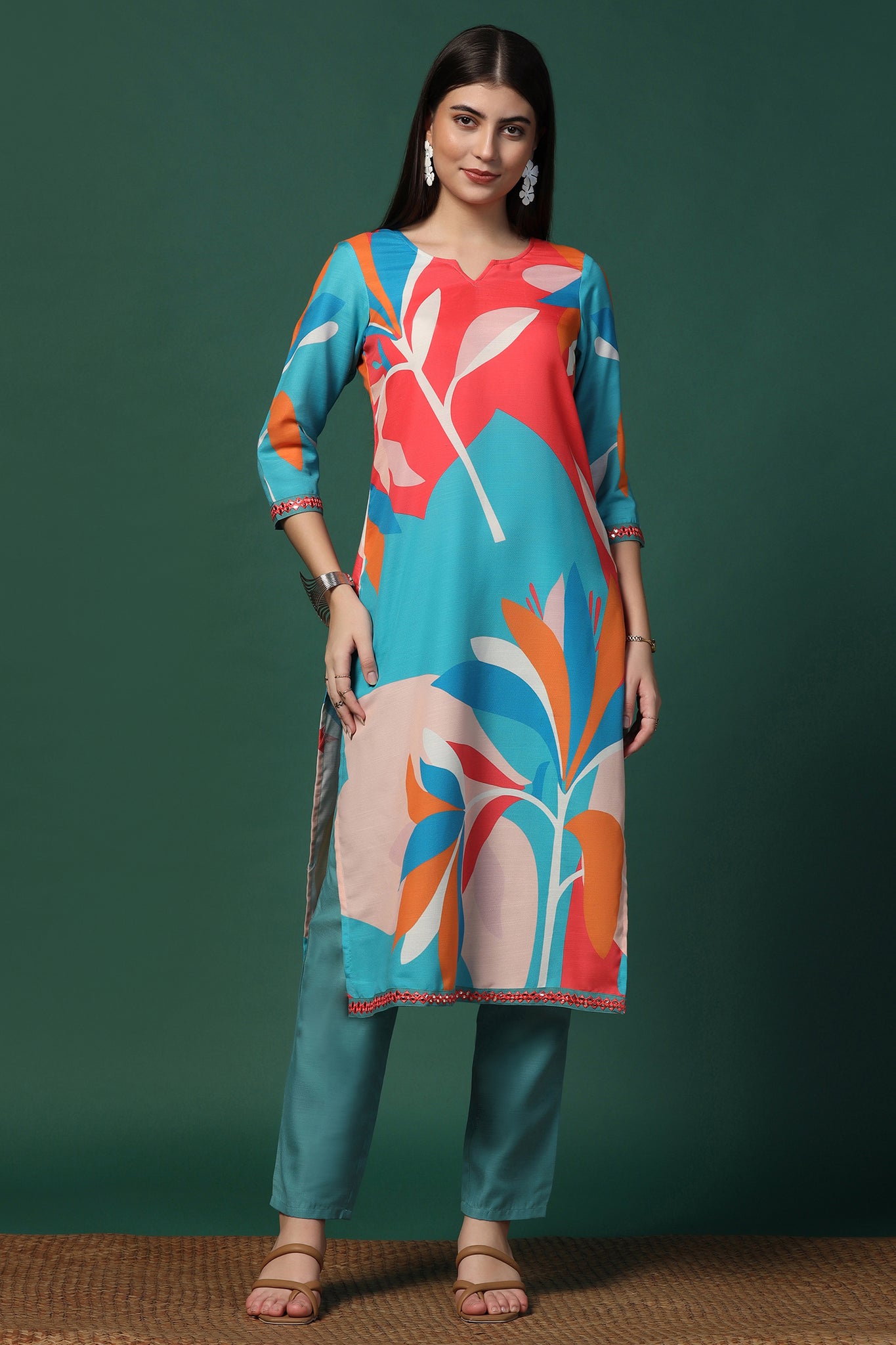 Womens Multicolor Cotton Blend Printed Calf Length Kurta With Trouser Set